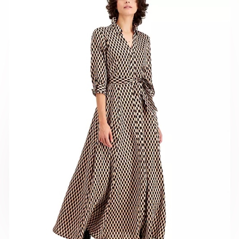 INC Petite Printed Maxi 3/4 Sleeves Belted Shirtdress Size 6